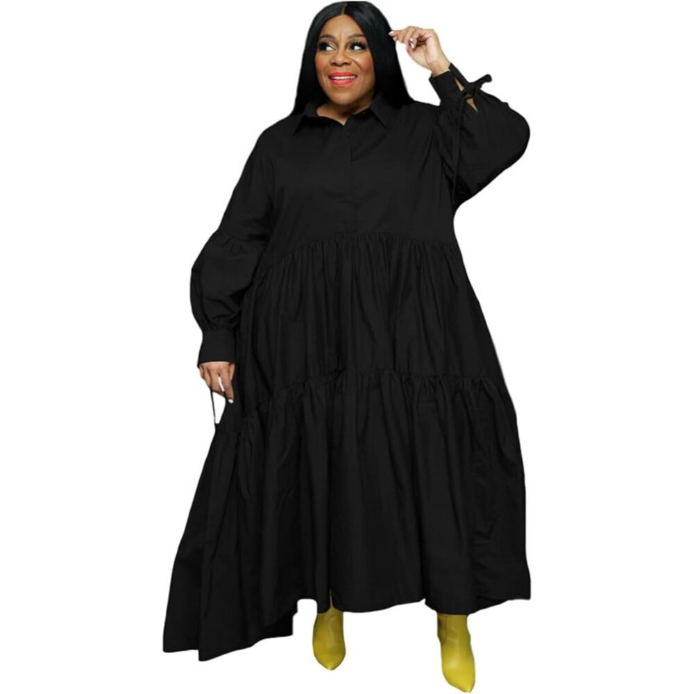 Plus Size Long Sleeve Button Down Maxi Dress Ruff… - image 1